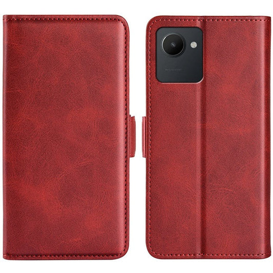 For Realme C30 4G Double Magnetic Clasp Textured PU Leather Folio Flip Phone Case Wallet Stand Cover - Red