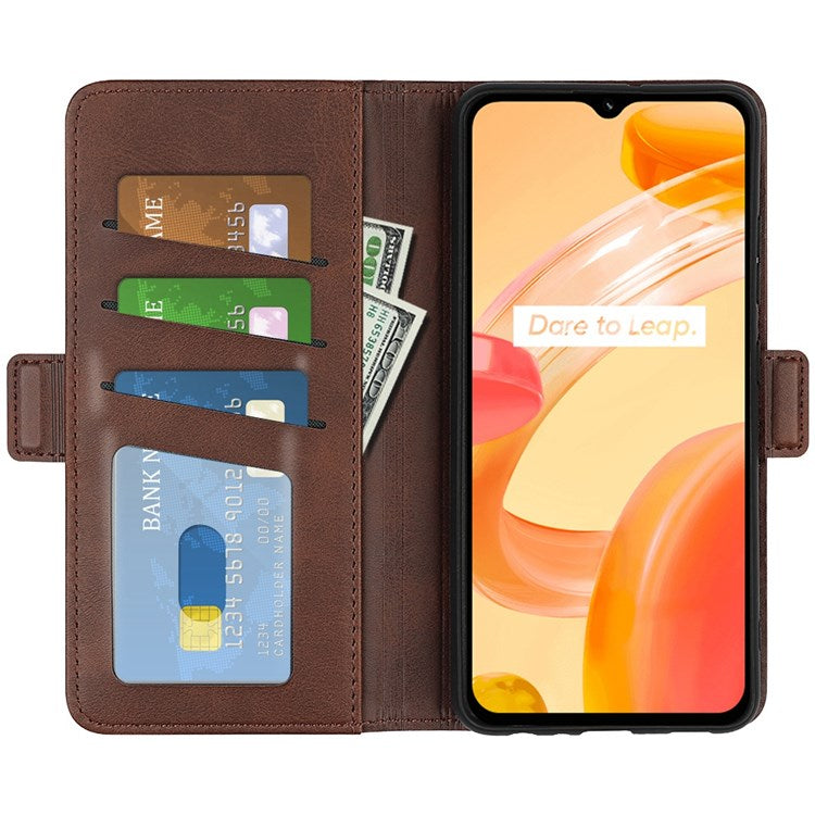 For Realme C30 4G Double Magnetic Clasp Textured PU Leather Folio Flip Phone Case Wallet Stand Cover - Brown