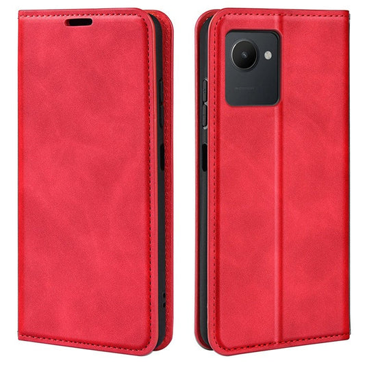 For Realme C30 4G Skin-touch Feeling Leather Case Wallet Stand Magnetic Auto-absorbed Phone Cover - Red