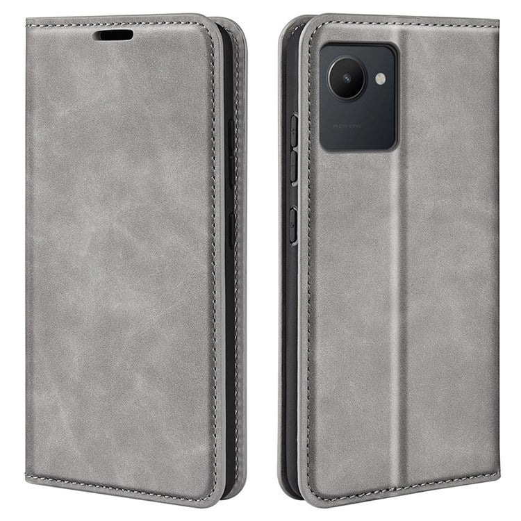 For Realme C30 4G Skin-touch Feeling Leather Case Wallet Stand Magnetic Auto-absorbed Phone Cover - Grey