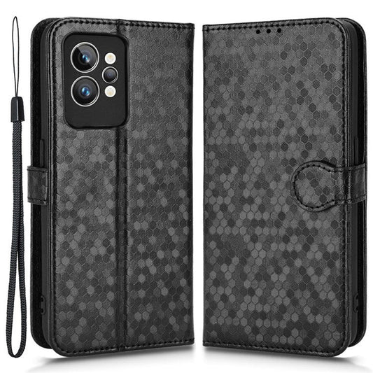 Dot Pattern Imprinted PU Leather Case for Realme GT2 Pro Wallet Phone Case Anti-Drop Cover with Strap / Wallet - Black