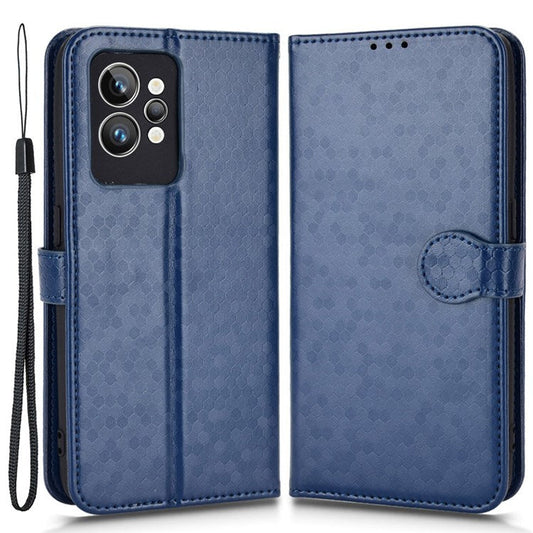 Dot Pattern Imprinted PU Leather Case for Realme GT2 Pro Wallet Phone Case Anti-Drop Cover with Strap / Wallet - Dark Blue