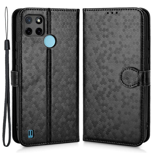 Dot Pattern Imprinted Case for Realme C21Y / C25Y Wallet Phone Case Shockproof PU Leather Cover with Strap - Black