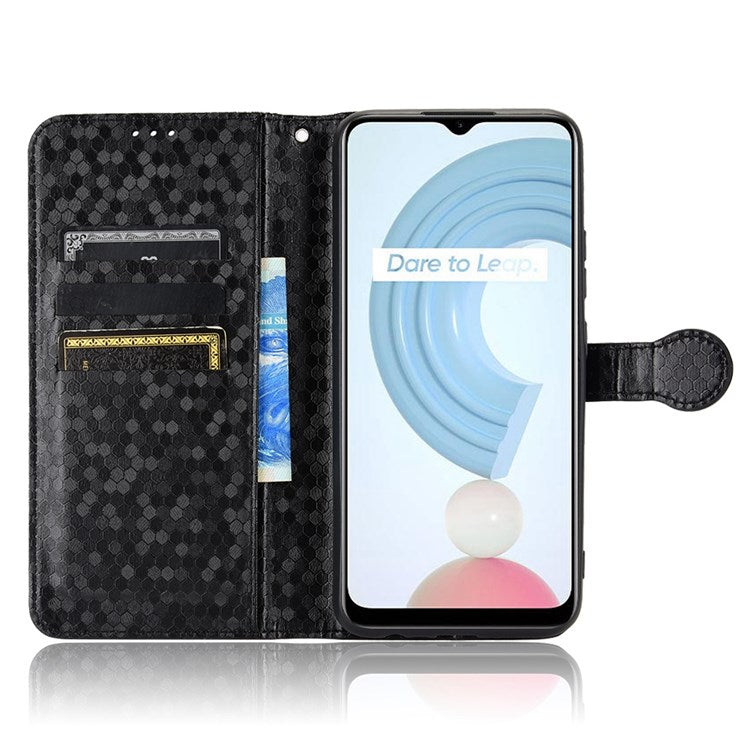 Dot Pattern Imprinted Case for Realme C21Y / C25Y Wallet Phone Case Shockproof PU Leather Cover with Strap - Black