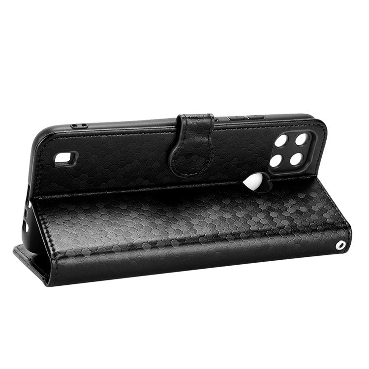 Dot Pattern Imprinted Case for Realme C21Y / C25Y Wallet Phone Case Shockproof PU Leather Cover with Strap - Black