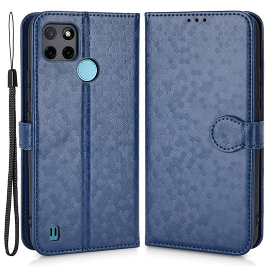 Dot Pattern Imprinted Case for Realme C21Y / C25Y Wallet Phone Case Shockproof PU Leather Cover with Strap - Dark Blue