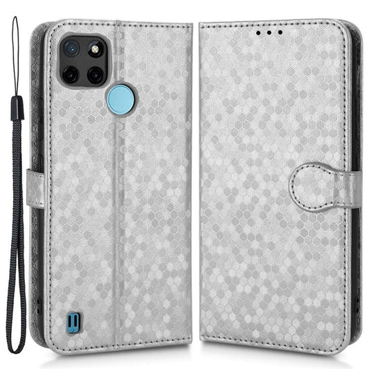 Dot Pattern Imprinted Case for Realme C21Y / C25Y Wallet Phone Case Shockproof PU Leather Cover with Strap - Silver