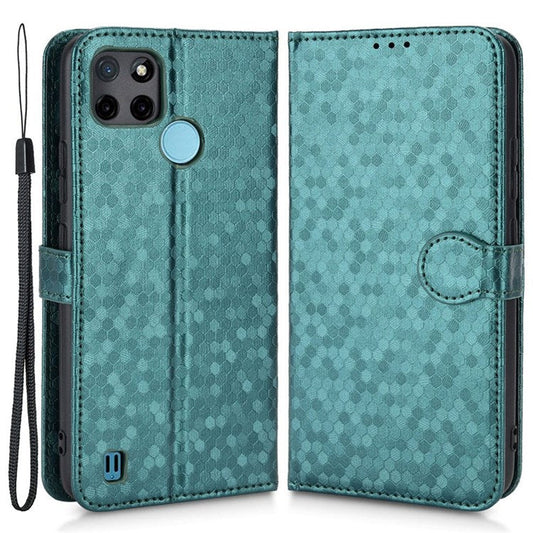 Dot Pattern Imprinted Case for Realme C21Y / C25Y Wallet Phone Case Shockproof PU Leather Cover with Strap - Green