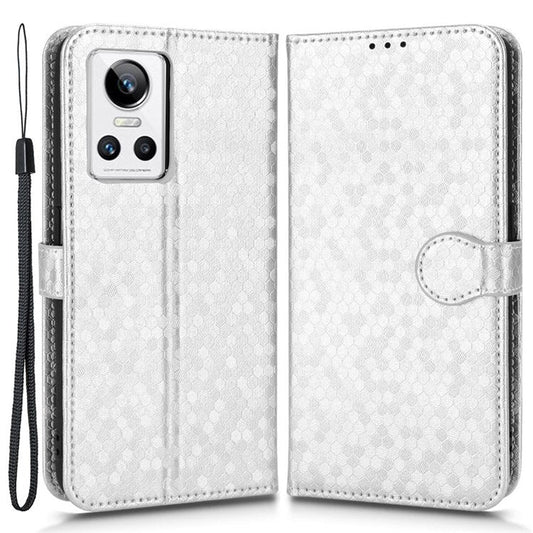 Anti-Drop Case for Realme GT Neo3 PU Leather Wallet Phone Case Dot Pattern Imprinted Scratch-Proof Folio Flip Cover with Strap - Silver