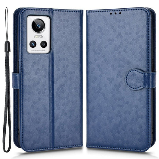 Anti-Drop Case for Realme GT Neo3 PU Leather Wallet Phone Case Dot Pattern Imprinted Scratch-Proof Folio Flip Cover with Strap - Dark Blue