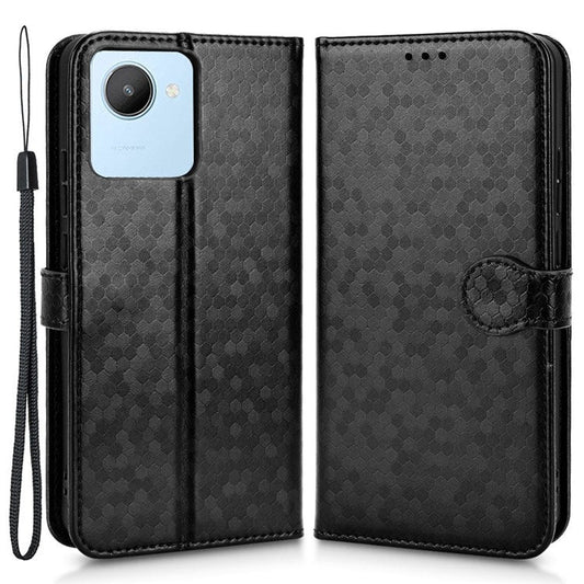 Anti-Scratch Wallet Phone Case for Realme C30 4G Dot Pattern Imprinted PU Leather Protective Folio Flip Cover with Strap - Black
