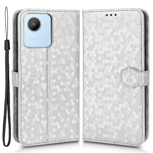 Anti-Scratch Wallet Phone Case for Realme C30 4G Dot Pattern Imprinted PU Leather Protective Folio Flip Cover with Strap - Silver