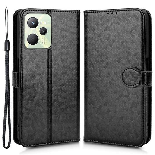 Protective Case for Realme C35 Dot Pattern Imprinted PU Leather Folio Flip Cover Wallet Phone Case with Strap - Black