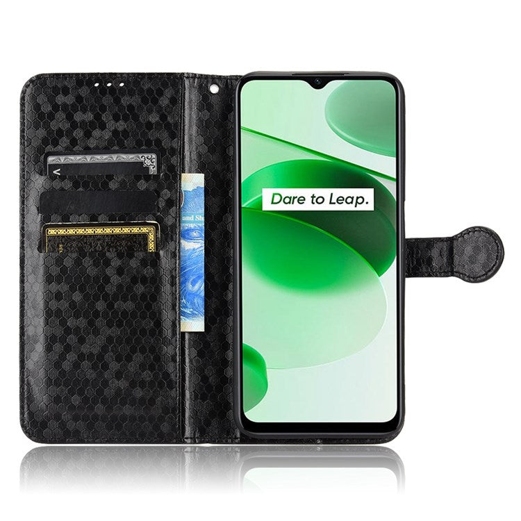 Protective Case for Realme C35 Dot Pattern Imprinted PU Leather Folio Flip Cover Wallet Phone Case with Strap - Black