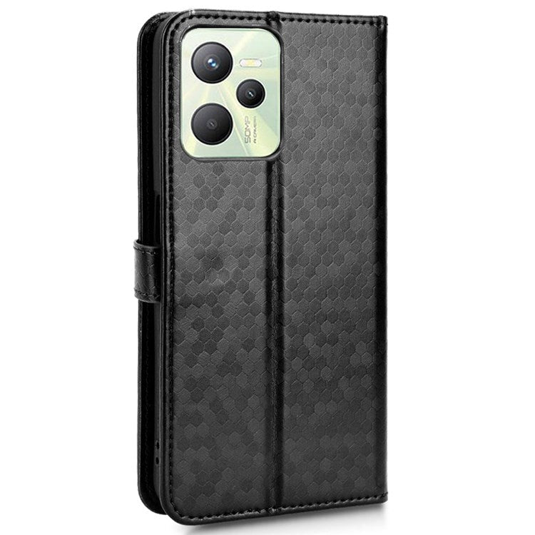 Protective Case for Realme C35 Dot Pattern Imprinted PU Leather Folio Flip Cover Wallet Phone Case with Strap - Black