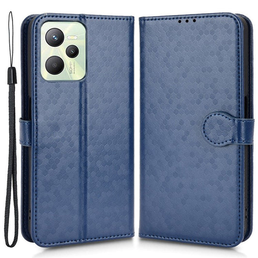 Protective Case for Realme C35 Dot Pattern Imprinted PU Leather Folio Flip Cover Wallet Phone Case with Strap - Dark Blue