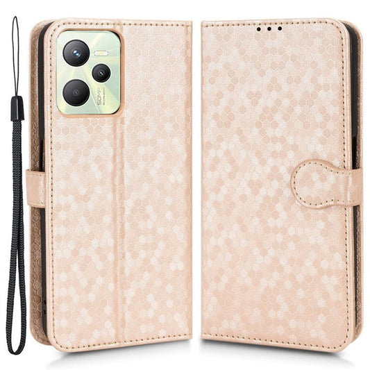 Protective Case for Realme C35 Dot Pattern Imprinted PU Leather Folio Flip Cover Wallet Phone Case with Strap - Rose Gold