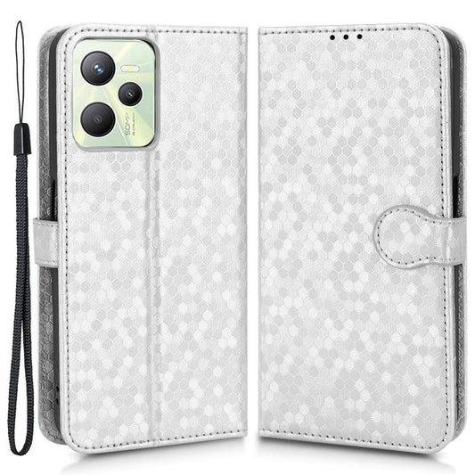 Protective Case for Realme C35 Dot Pattern Imprinted PU Leather Folio Flip Cover Wallet Phone Case with Strap - Silver