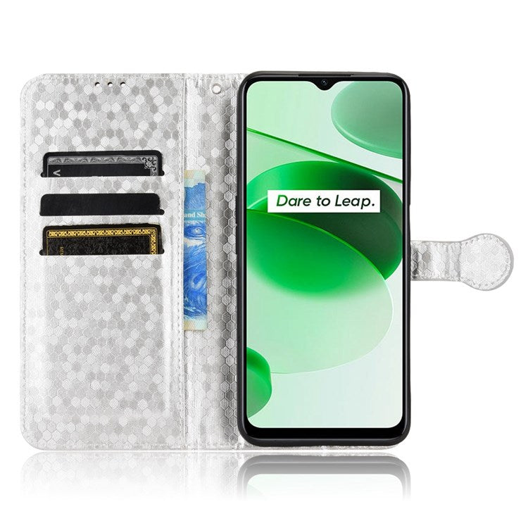 Protective Case for Realme C35 Dot Pattern Imprinted PU Leather Folio Flip Cover Wallet Phone Case with Strap - Silver