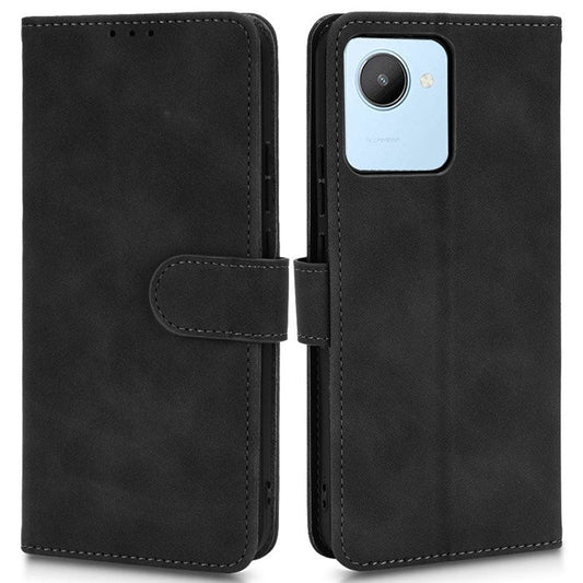 For Realme C30 4G PU Leather Folio Flip Protective Case Skin-Touch Feeling Stand Wallet Phone Cover - Black