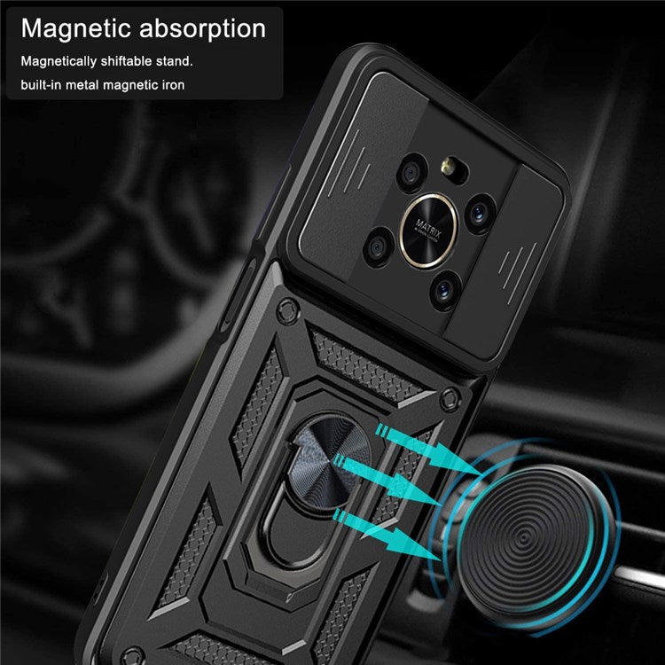 For Honor X9 4G / 5G Impact Resistant Cell Phone Shell Kickstand PC + TPU Hybrid Cover Slide Camera Protection Phone Case - Black