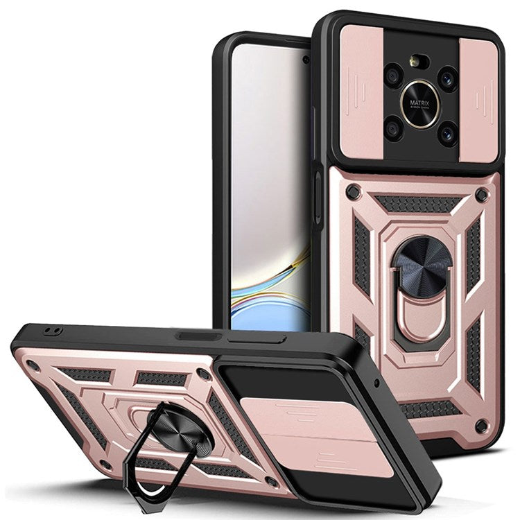 For Honor X9 4G / 5G Impact Resistant Cell Phone Shell Kickstand PC + TPU Hybrid Cover Slide Camera Protection Phone Case - Rose Gold