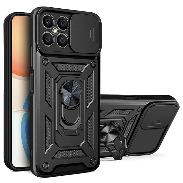 For Honor X8 4G Bump Proof Cell Phone Shell Kickstand PC + TPU Hybrid Cover Slide Camera Protection Phone Case - Black