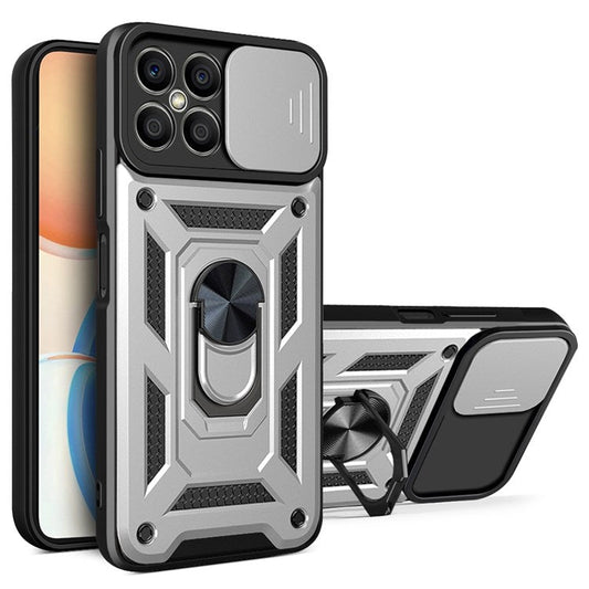 For Honor X8 4G Bump Proof Cell Phone Shell Kickstand PC + TPU Hybrid Cover Slide Camera Protection Phone Case - Silver