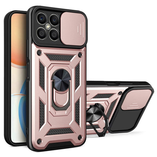 For Honor X8 4G Bump Proof Cell Phone Shell Kickstand PC + TPU Hybrid Cover Slide Camera Protection Phone Case - Rose Gold