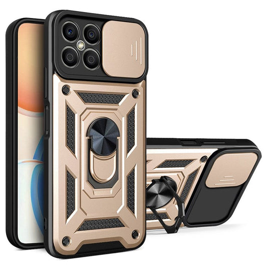 For Honor X8 4G Bump Proof Cell Phone Shell Kickstand PC + TPU Hybrid Cover Slide Camera Protection Phone Case - Gold