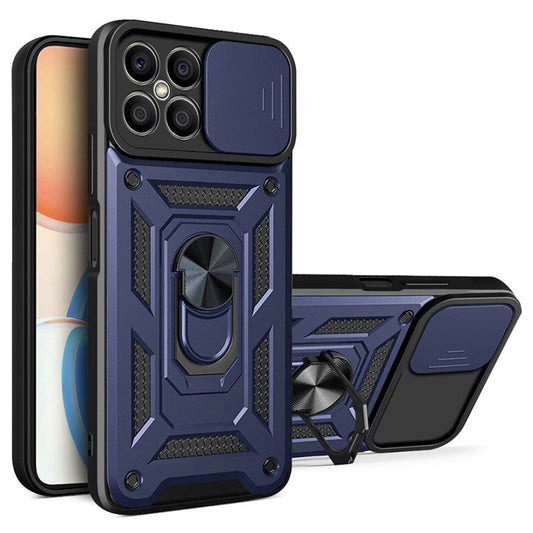 For Honor X8 4G Bump Proof Cell Phone Shell Kickstand PC + TPU Hybrid Cover Slide Camera Protection Phone Case - Blue