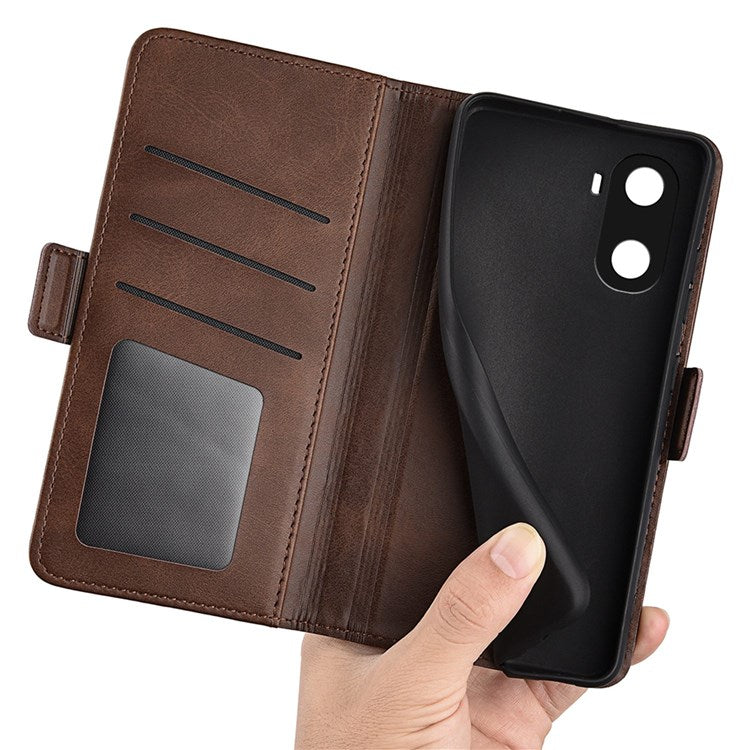 For Honor X40i 5G Shockproof Double Magnetic Clasp Phone Cover Anti-drop Textured PU Leather TPU Case with Wallet Stand - Brown