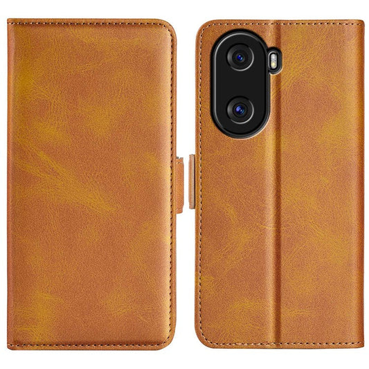 For Honor X40i 5G Shockproof Double Magnetic Clasp Phone Cover Anti-drop Textured PU Leather TPU Case with Wallet Stand - Yellow