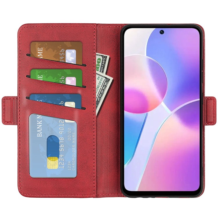 For Honor X40i 5G Shockproof Double Magnetic Clasp Phone Cover Anti-drop Textured PU Leather TPU Case with Wallet Stand - Red