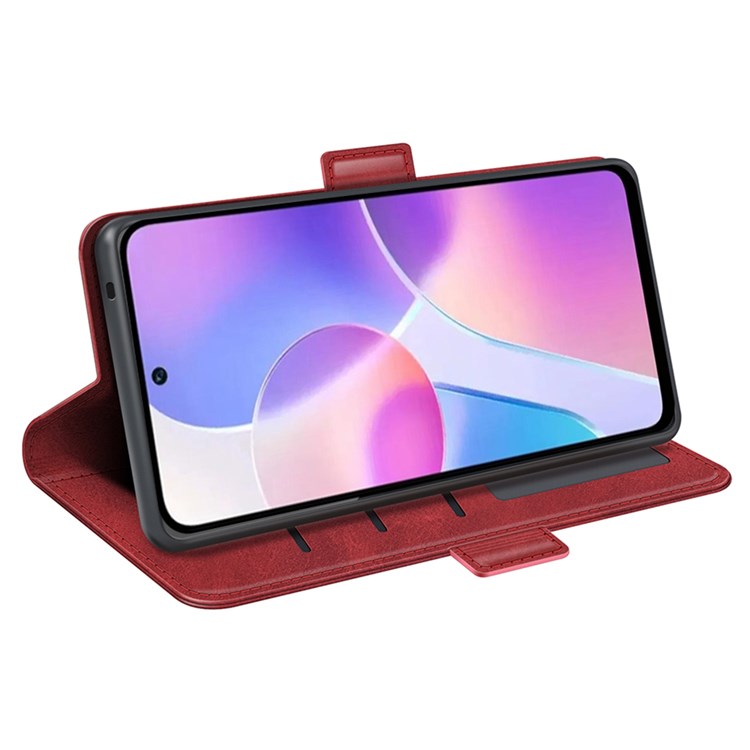 For Honor X40i 5G Shockproof Double Magnetic Clasp Phone Cover Anti-drop Textured PU Leather TPU Case with Wallet Stand - Red