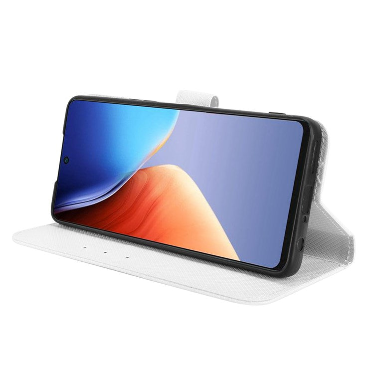 For TECNO Camon 19 4G Phone Flip Wallet Case Overall Coverage Diamond Texture PU Leather Cover Stand Card Holder with Wrist Strap - White