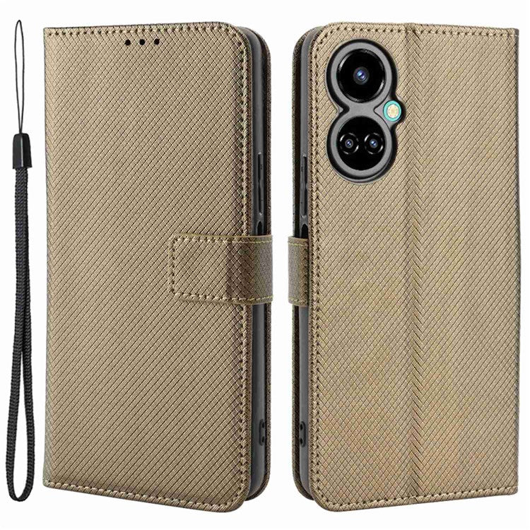 For TECNO Camon 19 4G Phone Flip Wallet Case Overall Coverage Diamond Texture PU Leather Cover Stand Card Holder with Wrist Strap - Brown