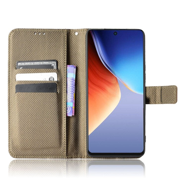 For TECNO Camon 19 4G Phone Flip Wallet Case Overall Coverage Diamond Texture PU Leather Cover Stand Card Holder with Wrist Strap - Brown