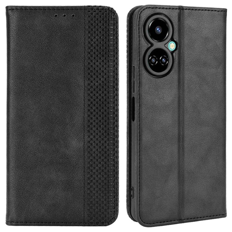 For TECNO Camon 19 4G Full Coverage Auto Closing Magnetic Folio Flip Retro PU Leather Wallet Case Stand Function Phone Shell Cover - Black
