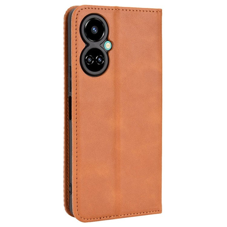 For TECNO Camon 19 4G Full Coverage Auto Closing Magnetic Folio Flip Retro PU Leather Wallet Case Stand Function Phone Shell Cover - Brown