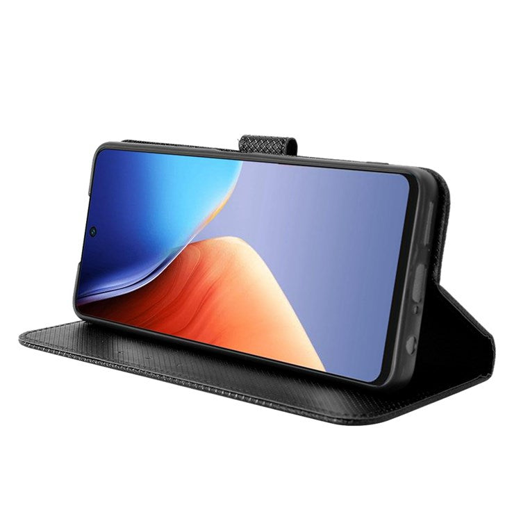 For TECNO Camon 19 Pro 4G Flip Wallet Case Diamond Texture PU Leather Cover Stand Card Holder with Wrist Strap  - Black