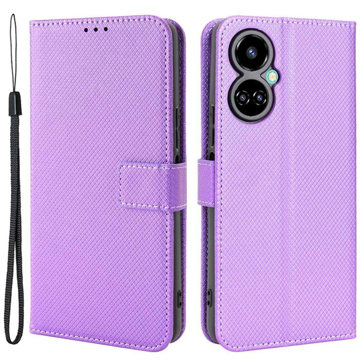 For TECNO Camon 19 Pro 4G Flip Wallet Case Diamond Texture PU Leather Cover Stand Card Holder with Wrist Strap  - Purple