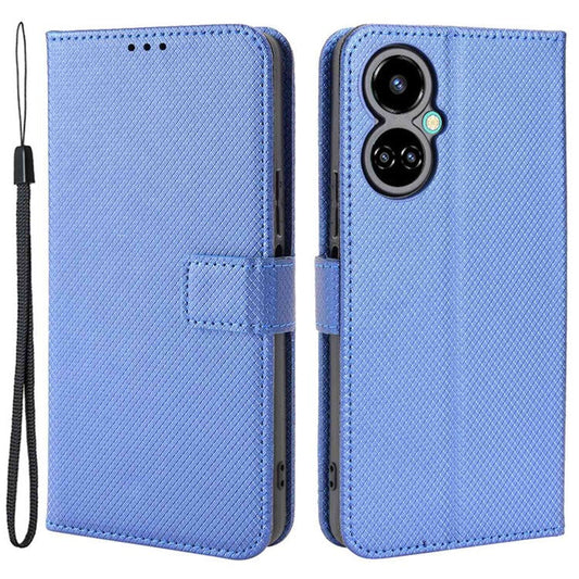 For TECNO Camon 19 Pro 4G Flip Wallet Case Diamond Texture PU Leather Cover Stand Card Holder with Wrist Strap  - Blue
