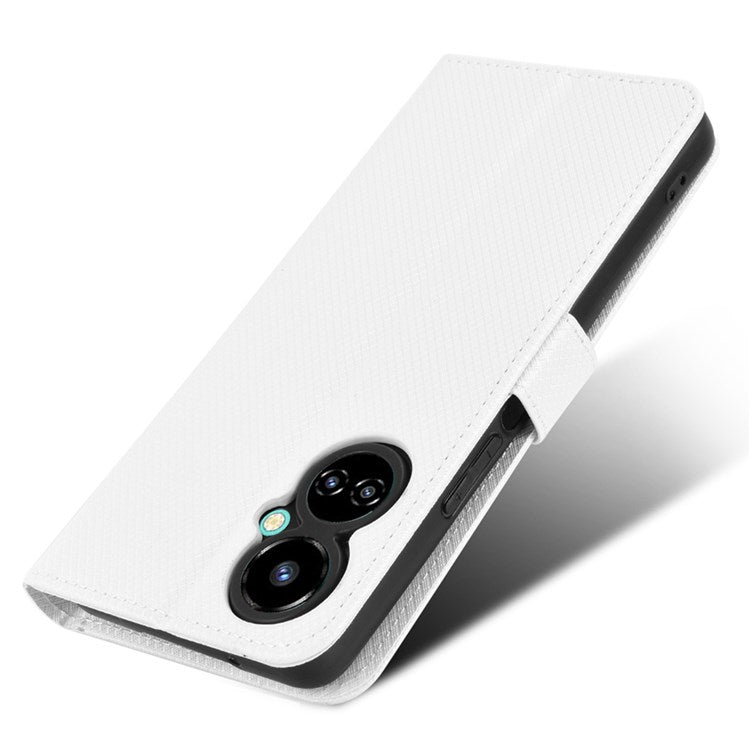 For TECNO Camon 19 Pro 4G Flip Wallet Case Diamond Texture PU Leather Cover Stand Card Holder with Wrist Strap  - White
