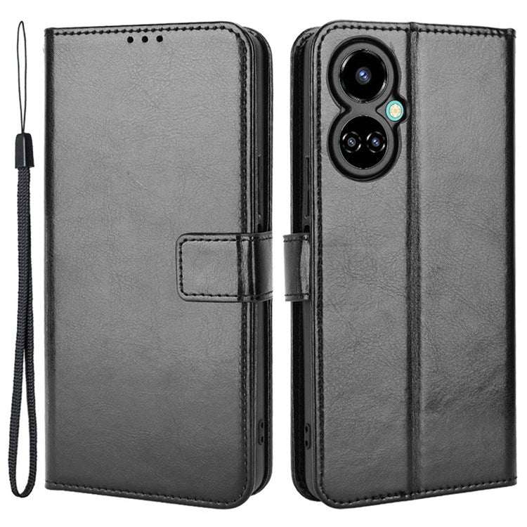 For TECNO Camon 19 Pro 4G Crazy Horse Texture PU Leather+TPU Stand Cover Protective Shell Cell Phone Wallet Case - Black