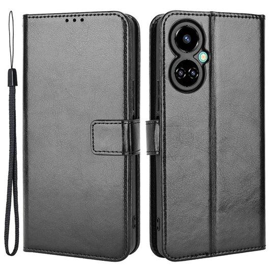 For TECNO Camon 19 Pro 4G Crazy Horse Texture PU Leather+TPU Stand Cover Protective Shell Cell Phone Wallet Case - Black