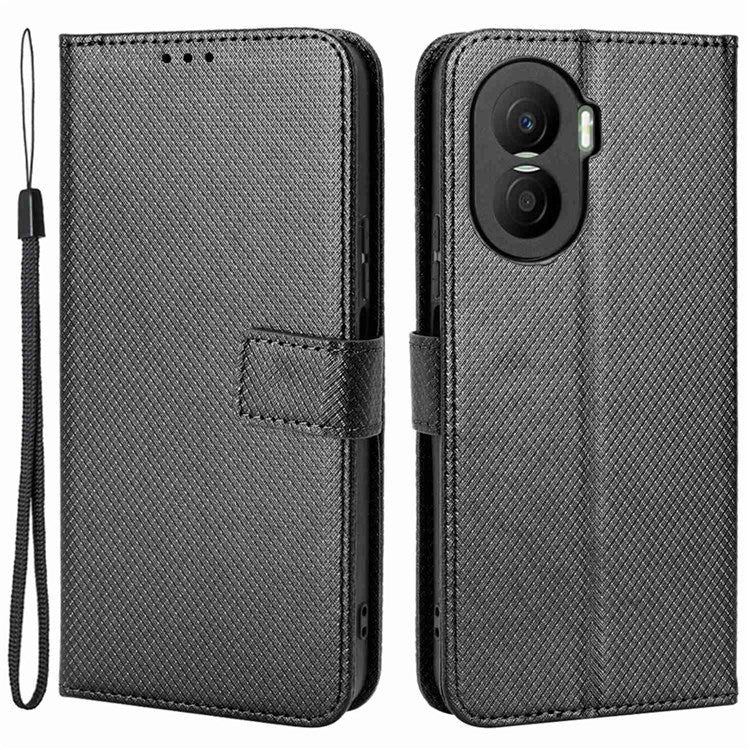 For Honor X40i 5G / Play7T Pro 5G Drop-proof Phone Flip Wallet Case Well-protected Diamond Texture PU Leather Cover Stand Card Holder with Wrist Strap - Black