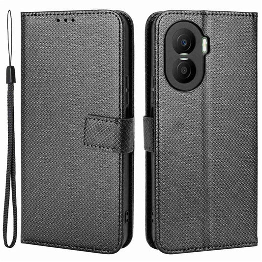 For Honor X40i 5G / Play7T Pro 5G Drop-proof Phone Flip Wallet Case Well-protected Diamond Texture PU Leather Cover Stand Card Holder with Wrist Strap - Black