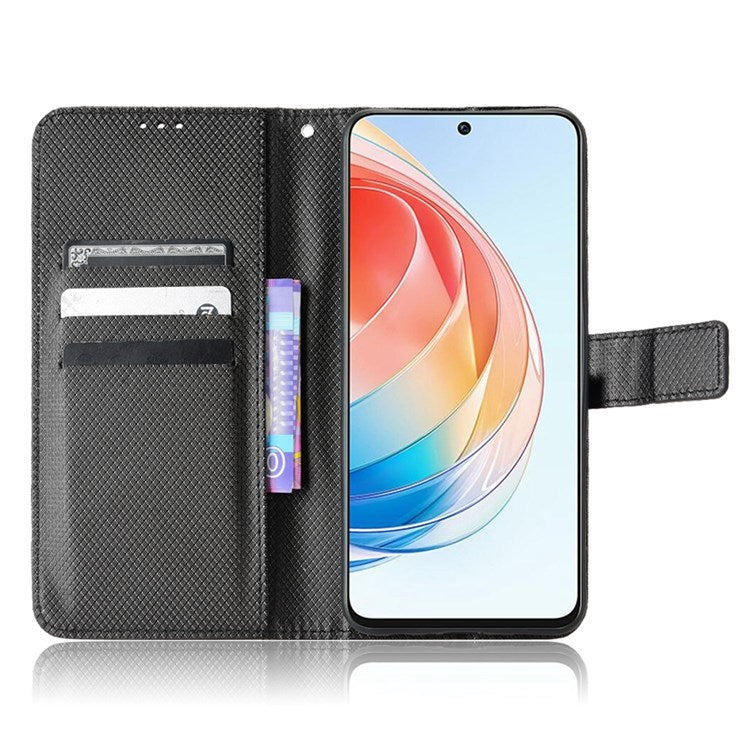 For Honor X40i 5G / Play7T Pro 5G Drop-proof Phone Flip Wallet Case Well-protected Diamond Texture PU Leather Cover Stand Card Holder with Wrist Strap - Black