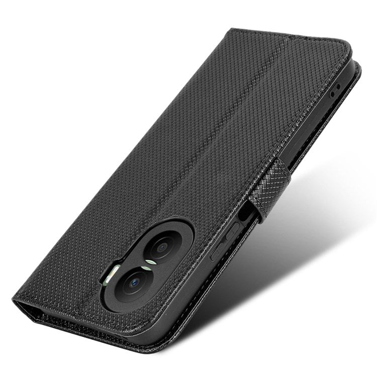 For Honor X40i 5G / Play7T Pro 5G Drop-proof Phone Flip Wallet Case Well-protected Diamond Texture PU Leather Cover Stand Card Holder with Wrist Strap - Black